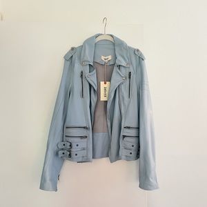 NWT Jakett New York Baby Blue Vintage Washed Leather Moto Jacket